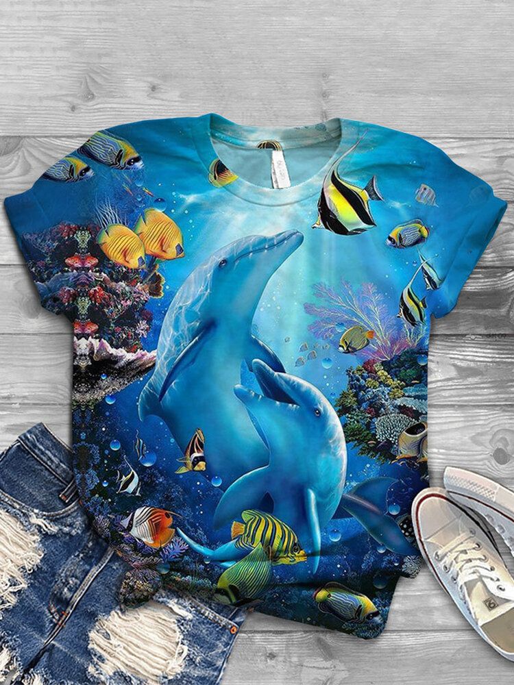 Frauen Ocean Whale Print O-ausschnitt Lässige Kurzarm-t-shirts