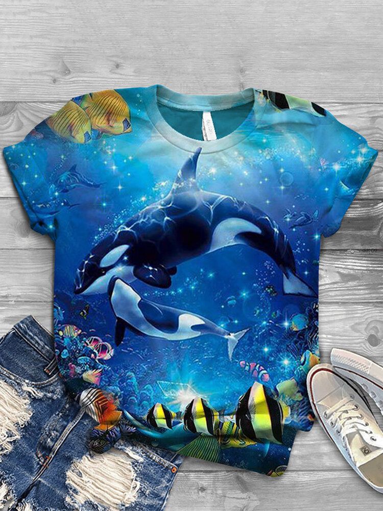 Frauen Ocean Whale Print O-ausschnitt Lässige Kurzarm-t-shirts