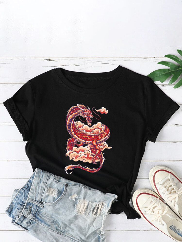 Frauen Orientalische Drache-grafiken O-ansatz Beiläufige Kurzärmlige T-shirts