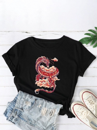 Frauen Orientalische Drache-grafiken O-ansatz Beiläufige Kurzärmlige T-shirts