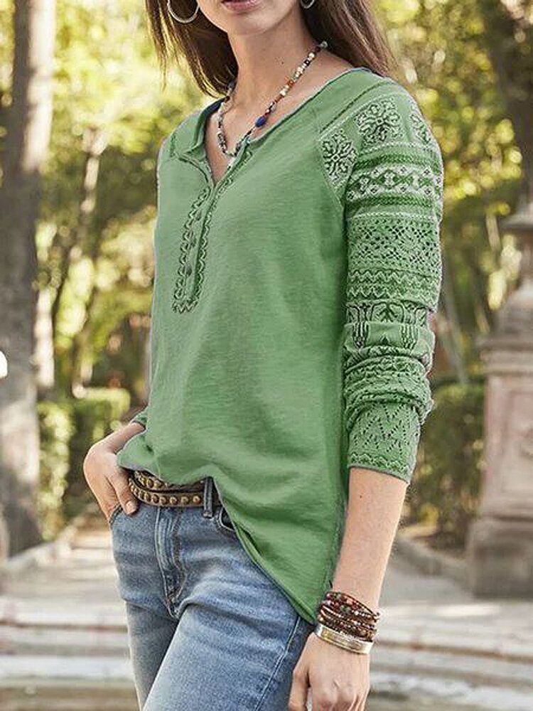 Frauen Random Print Langarm Button Knit Ethnic Bohemia T-shirts