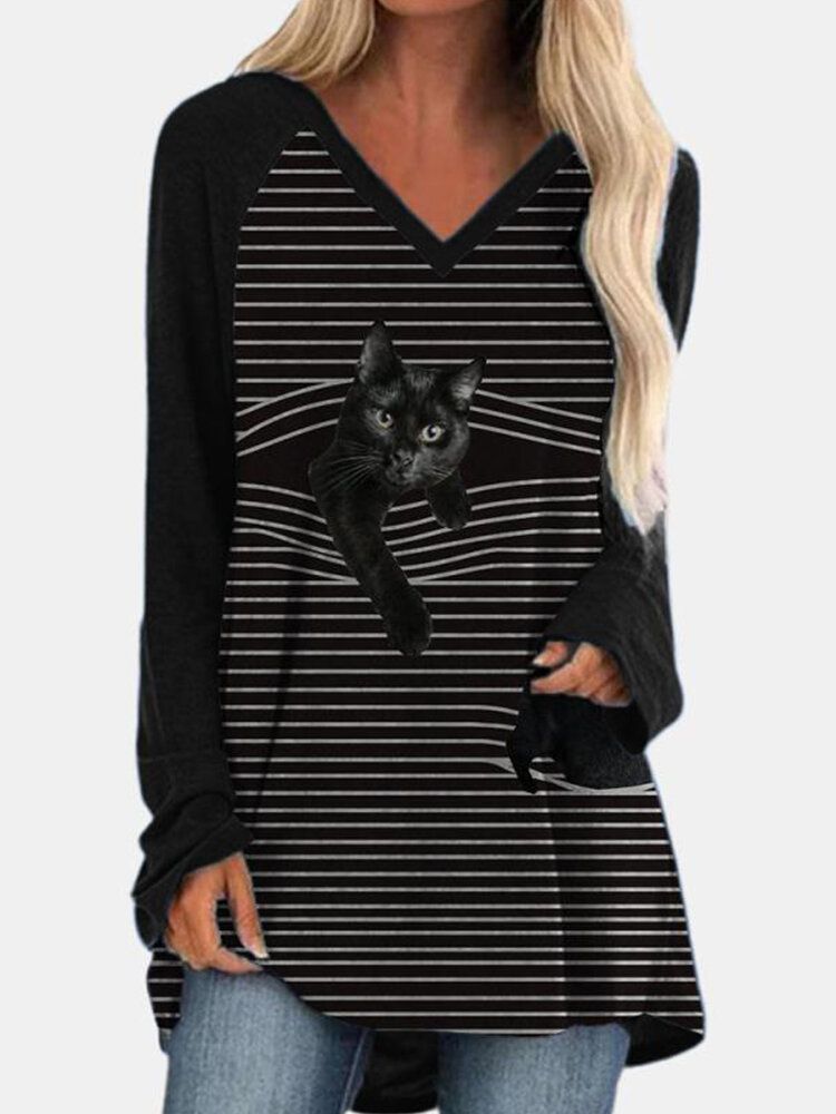 Frauen V-ausschnitt Stripe Back Cat Print Langarm Casual T-shirts