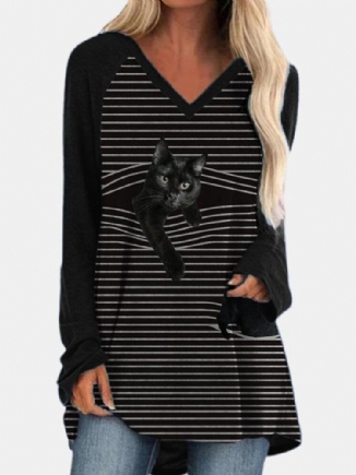 Frauen V-ausschnitt Stripe Back Cat Print Langarm Casual T-shirts