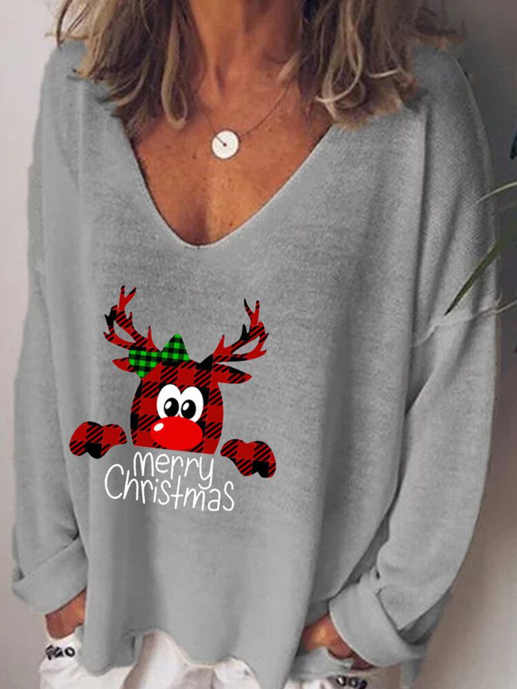 Frauen-weihnachtsbuchstabe-karikatur-druck V-ansatz Lose Langärmlige T-shirts