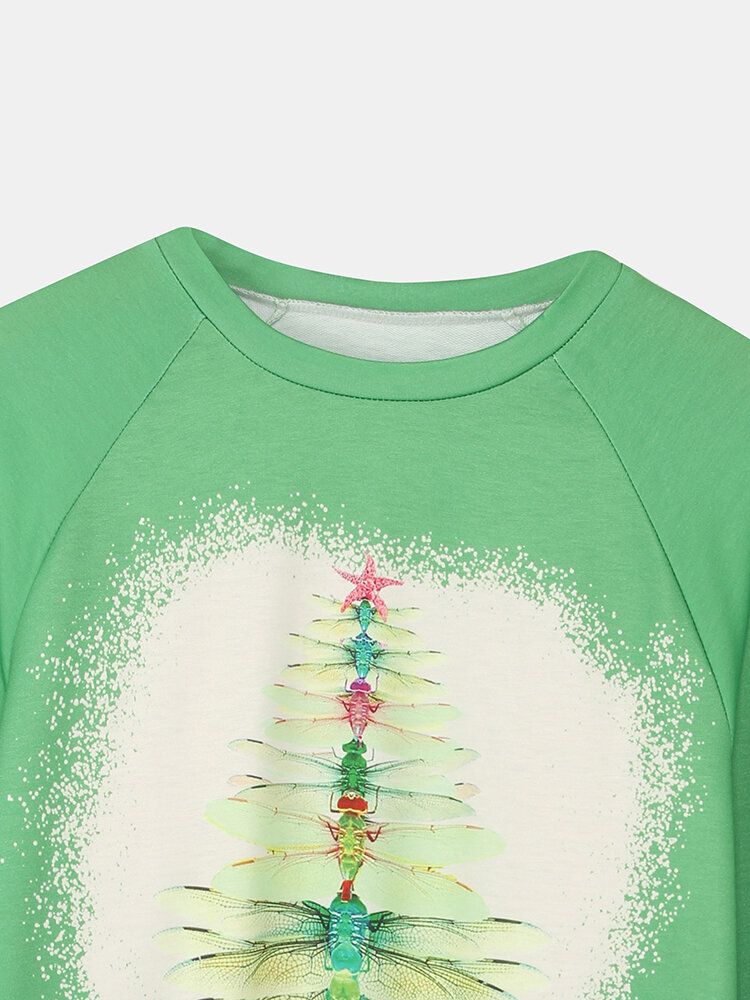 Frauen-weihnachtslibellen-baum-druck-langarm-beiläufiges T-shirt