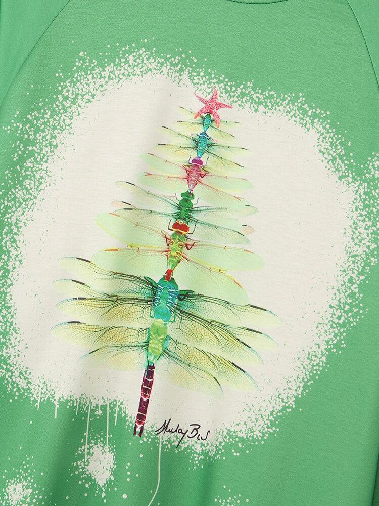 Frauen-weihnachtslibellen-baum-druck-langarm-beiläufiges T-shirt