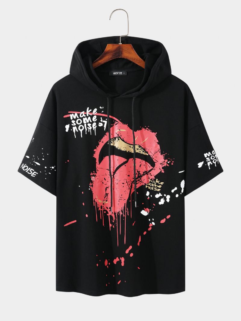 Freizeit-kurzarm-t-shirt Mit Kapuze Aus 100 % Baumwolle Mit Lippen-und Buchstaben-graffiti