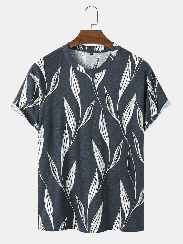 Herren 100 % Baumwolle Graphic Leaf Print Saummanschette O-ausschnitt Formelle T-shirts