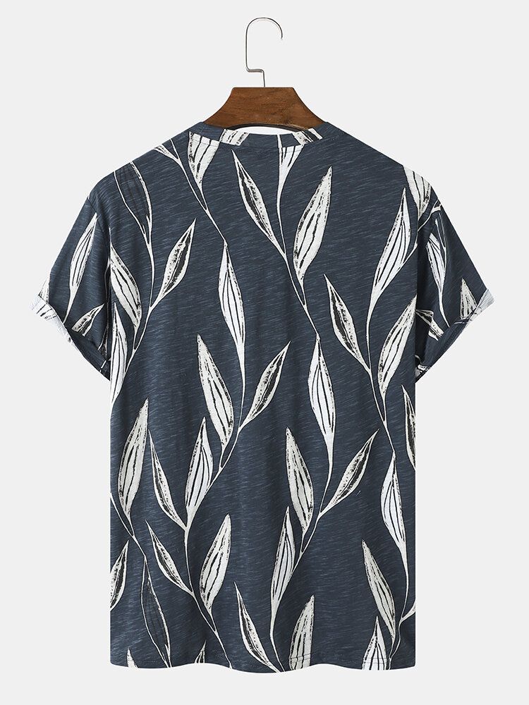 Herren 100 % Baumwolle Graphic Leaf Print Saummanschette O-ausschnitt Formelle T-shirts