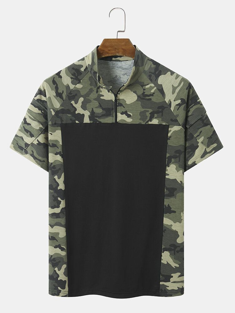 Herren Camo Print Patchwork Frontreißverschluss Hautfreundliches Kurzarm Casual T-shirt