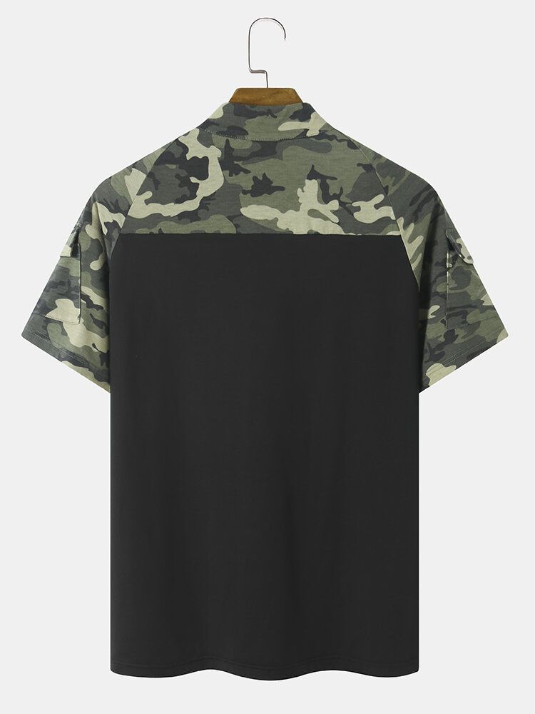 Herren Camo Print Patchwork Frontreißverschluss Hautfreundliches Kurzarm Casual T-shirt