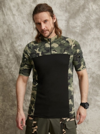 Herren Camo Print Patchwork Frontreißverschluss Hautfreundliches Kurzarm Casual T-shirt