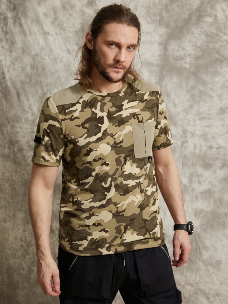 Herren Gingham Camo Print Single Pocket Saummanschette Hautfreundliches Kurzarm-t-shirt