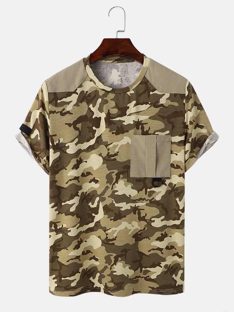 Herren Gingham Camo Print Single Pocket Saummanschette Hautfreundliches Kurzarm-t-shirt