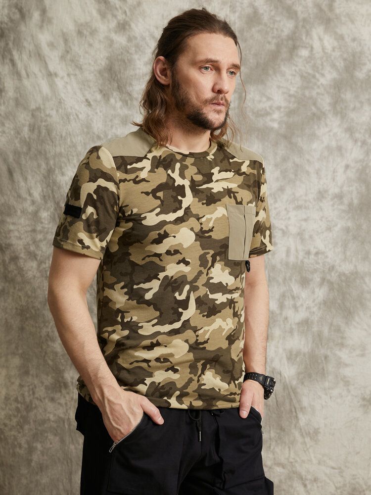 Herren Gingham Camo Print Single Pocket Saummanschette Hautfreundliches Kurzarm-t-shirt