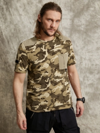 Herren Gingham Camo Print Single Pocket Saummanschette Hautfreundliches Kurzarm-t-shirt