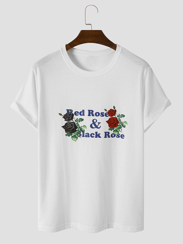 Herren Letter Rose Print Graceful All Matched Skin Friendly T-shirts Mit Rundhalsausschnitt