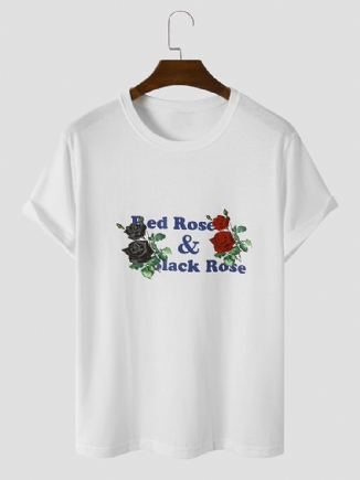 Herren Letter Rose Print Graceful All Matched Skin Friendly T-shirts Mit Rundhalsausschnitt