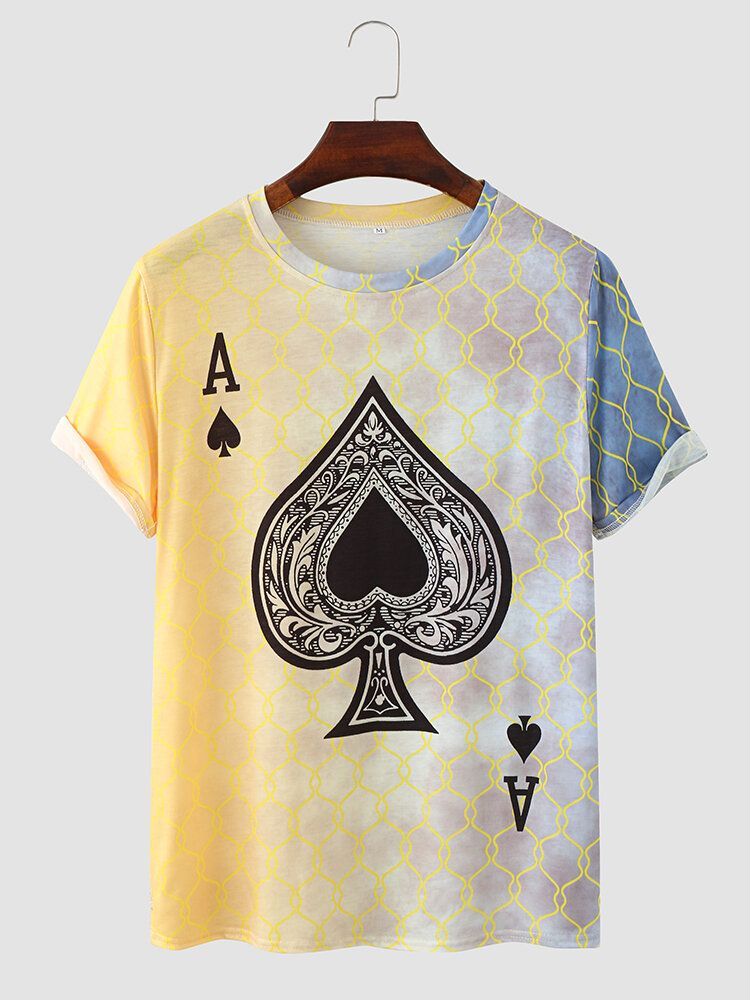 Herren Poker Spade Ombre Print Saummanschette Rundhals Casual T-shirt