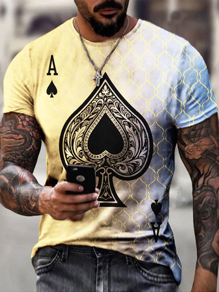 Herren Poker Spade Ombre Print Saummanschette Rundhals Casual T-shirt