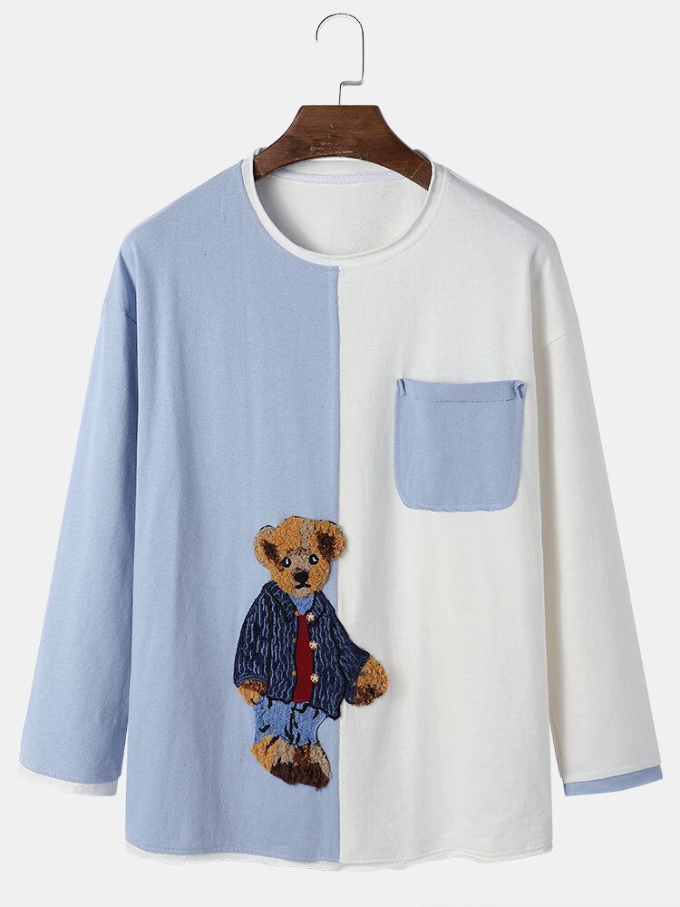 Herren-t-shirt Mit Teddy-karikaturmuster Und Patchwork-oberteil Für Preppy Youngster