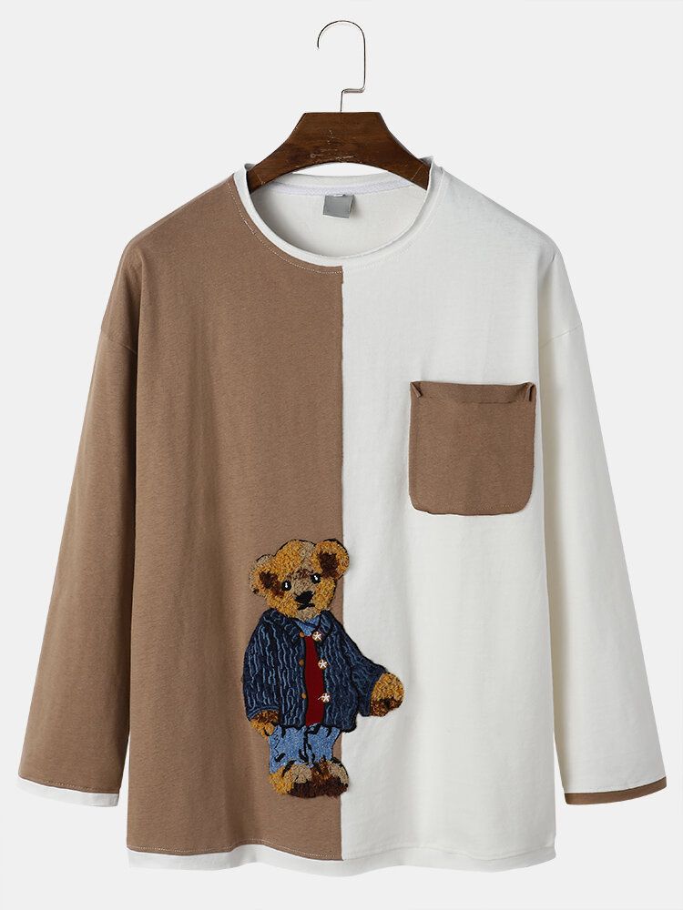 Herren-t-shirt Mit Teddy-karikaturmuster Und Patchwork-oberteil Für Preppy Youngster