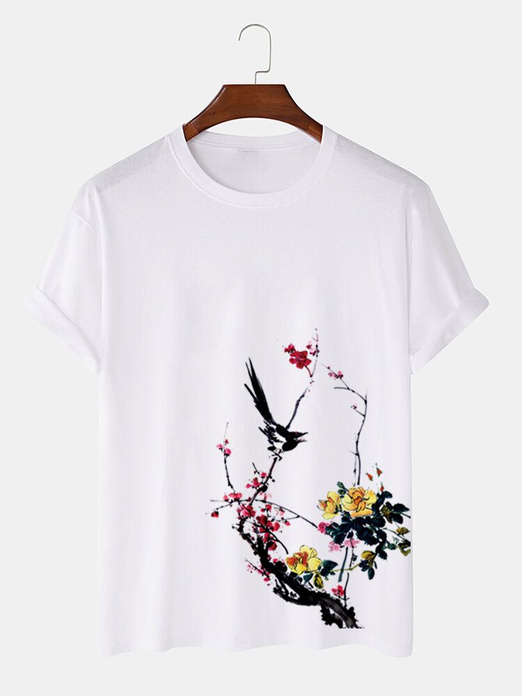 Kurzärmliges Baumwoll-t-shirt Mit Bird Plum Bossom-print Für Herren