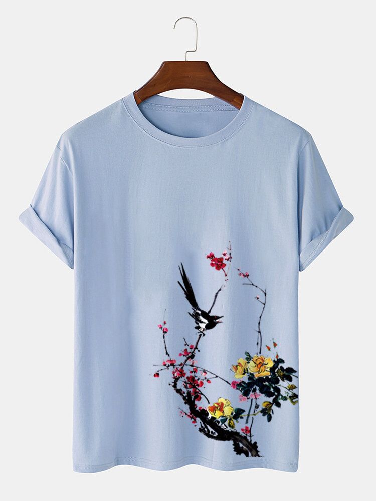 Kurzärmliges Baumwoll-t-shirt Mit Bird Plum Bossom-print Für Herren