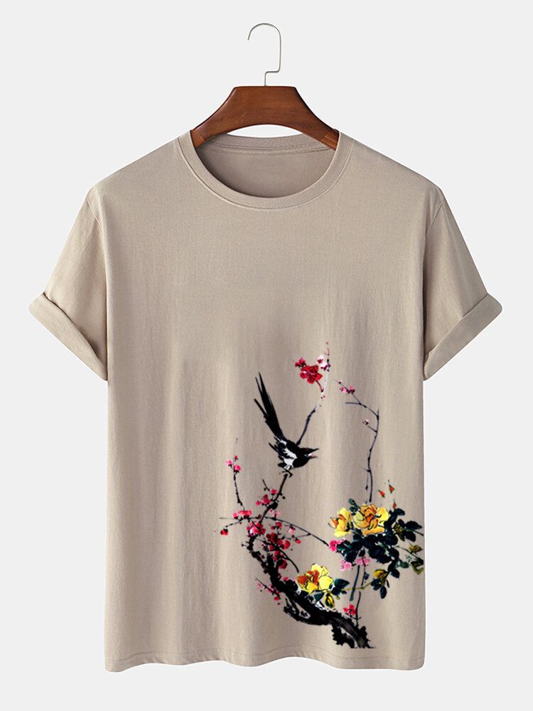 Kurzärmliges Baumwoll-t-shirt Mit Bird Plum Bossom-print Für Herren