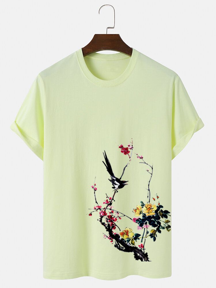 Kurzärmliges Baumwoll-t-shirt Mit Bird Plum Bossom-print Für Herren