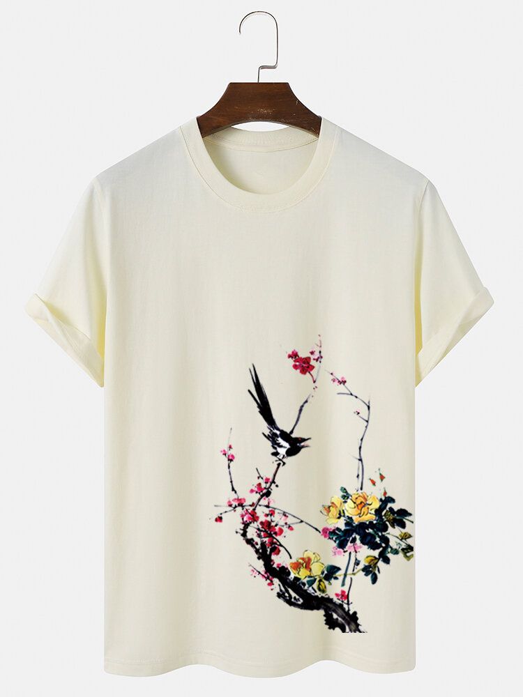 Kurzärmliges Baumwoll-t-shirt Mit Bird Plum Bossom-print Für Herren