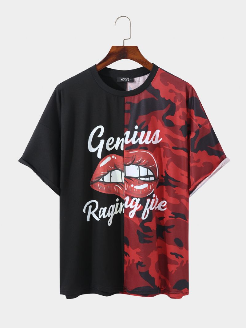 Kurzärmliges Freizeit-t-shirt Mit Camouflage-muster Patchwork Lippen Lettern Für Herren