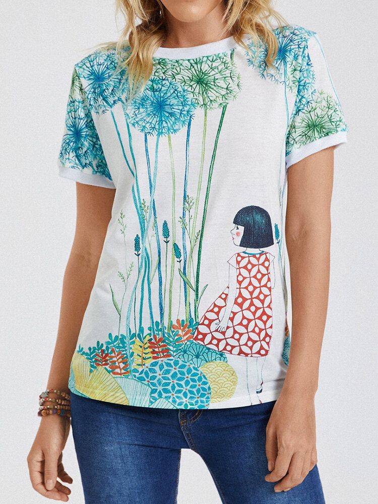 Kurzärmliges Freizeit-t-shirt Mit O-ausschnitt Und Cartoon-mädchen-print Für Frauen