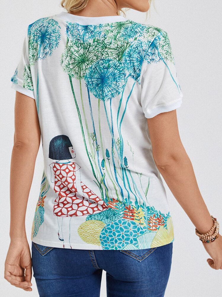 Kurzärmliges Freizeit-t-shirt Mit O-ausschnitt Und Cartoon-mädchen-print Für Frauen