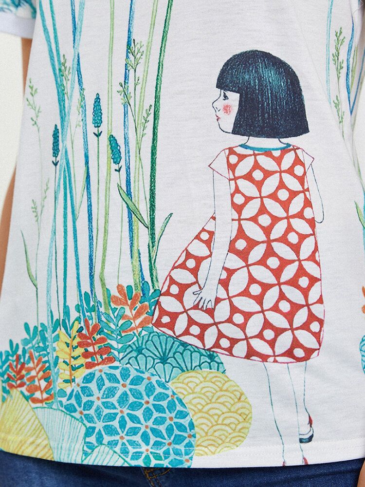 Kurzärmliges Freizeit-t-shirt Mit O-ausschnitt Und Cartoon-mädchen-print Für Frauen