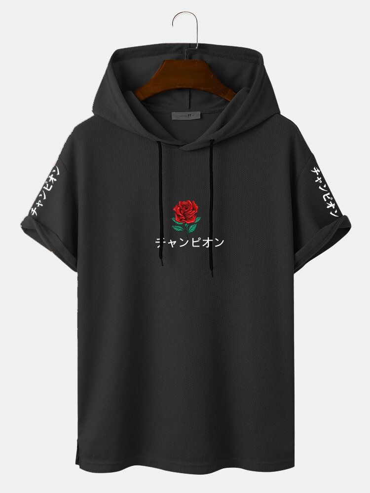 Kurzärmliges Kapuzen-t-shirt Mit Japanischem Rosendruck Am Saum