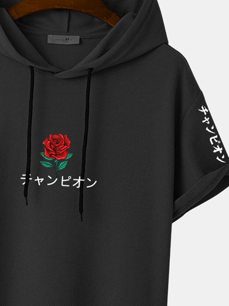 Kurzärmliges Kapuzen-t-shirt Mit Japanischem Rosendruck Am Saum