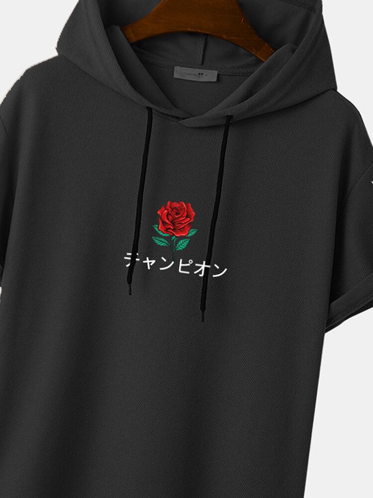 Kurzärmliges Kapuzen-t-shirt Mit Japanischem Rosendruck Am Saum