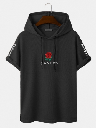 Kurzärmliges Kapuzen-t-shirt Mit Japanischem Rosendruck Am Saum