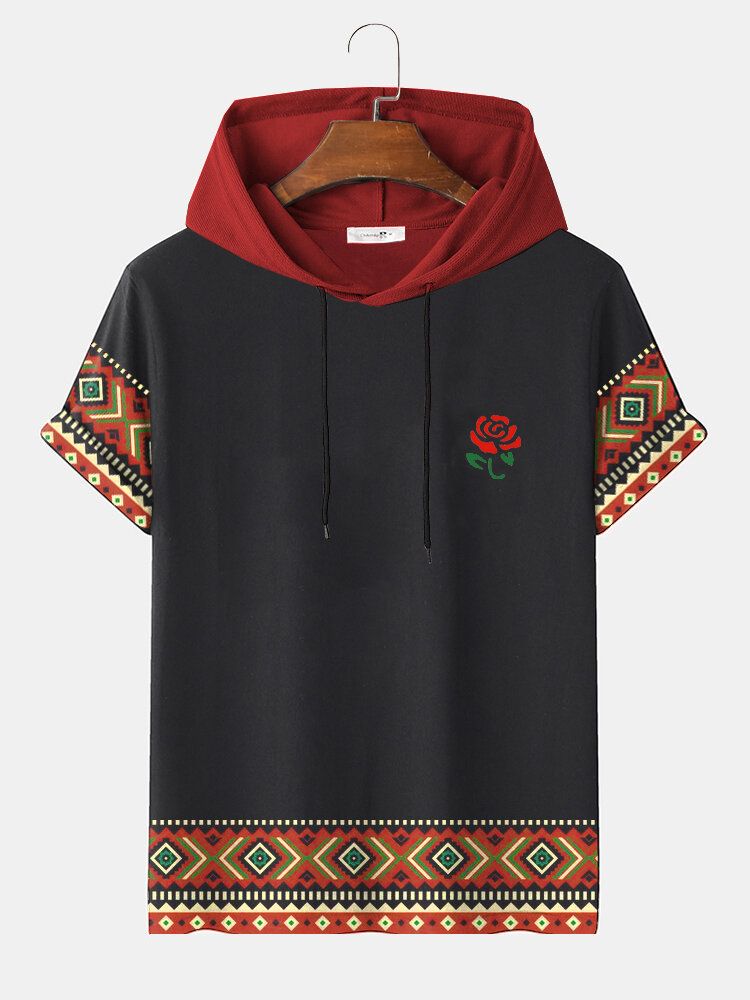 Kurzärmliges Kapuzen-t-shirt Mit Kordelzug Und Ethno-geometriedruck In Rose Für Herren