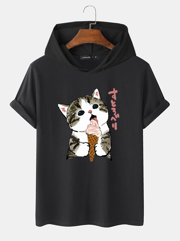 Kurzärmliges Kapuzen-t-shirt Mit Zugband Und Niedlicher Katze Mit Japanischem Aufdruck Für Herren