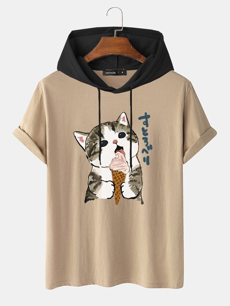 Kurzärmliges Kapuzen-t-shirt Mit Zugband Und Niedlicher Katze Mit Japanischem Aufdruck Für Herren