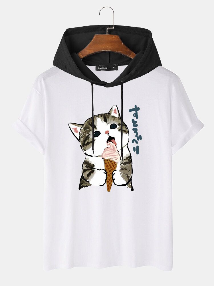 Kurzärmliges Kapuzen-t-shirt Mit Zugband Und Niedlicher Katze Mit Japanischem Aufdruck Für Herren