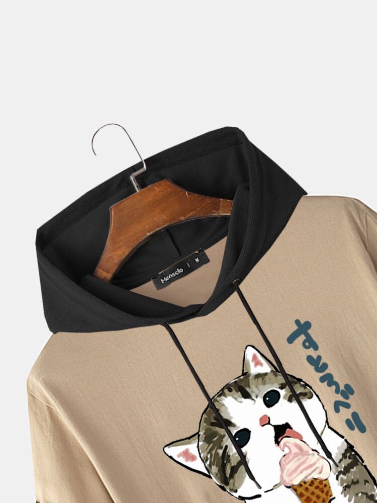 Kurzärmliges Kapuzen-t-shirt Mit Zugband Und Niedlicher Katze Mit Japanischem Aufdruck Für Herren