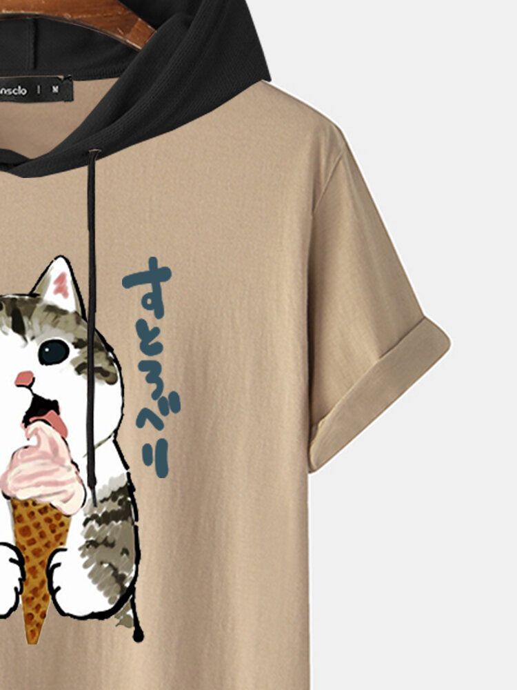 Kurzärmliges Kapuzen-t-shirt Mit Zugband Und Niedlicher Katze Mit Japanischem Aufdruck Für Herren