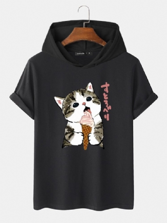 Kurzärmliges Kapuzen-t-shirt Mit Zugband Und Niedlicher Katze Mit Japanischem Aufdruck Für Herren