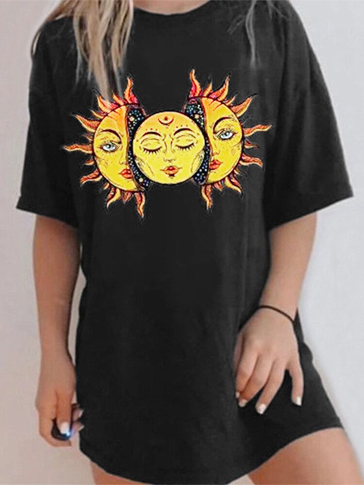 Kurzärmliges Lässiges Lockeres T-shirt Mit Rundhalsausschnitt Und Cartoon-sonnenaufdruck