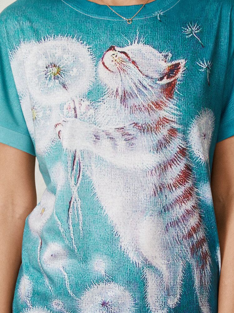 Kurzärmliges Lässiges T-shirt Mit O-ausschnitt Und Cartoon-blumen-katzendruck