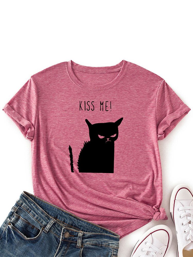 Kurzärmliges Lässiges T-shirt Mit O-ausschnitt Und Kusskatzen-print Für Damen