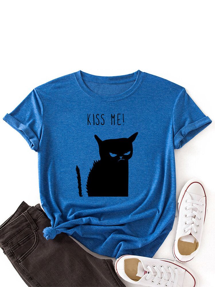 Kurzärmliges Lässiges T-shirt Mit O-ausschnitt Und Kusskatzen-print Für Damen